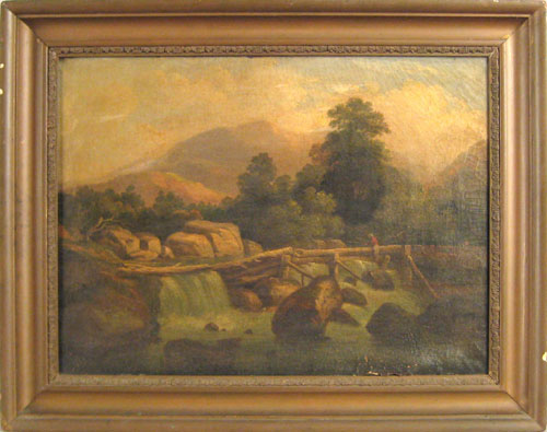 Appraisal: American oil on canvas landscape th c depicting a fisherman