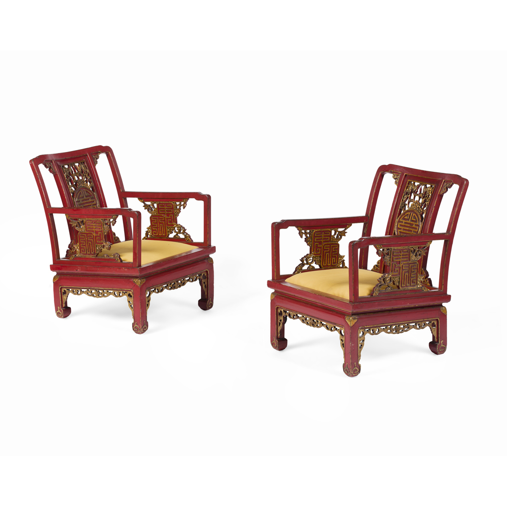 Appraisal: PAIR OF CHINESE RED LACQUER AND GILT LOW ARMCHAIRS LATE