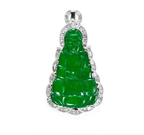 Appraisal: A jadeite jade and diamond pendant in the form of