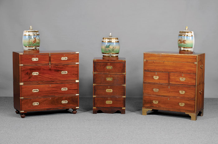 Appraisal: THREE CERAMIC BARREL-FORM LAMPS WITH SPORTING SCENES MARKED quot WHISKEY