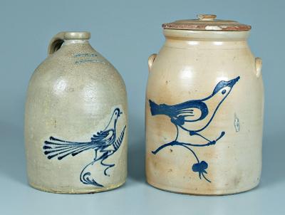 Appraisal: Two pieces bird decorated stoneware jug with bird perched on