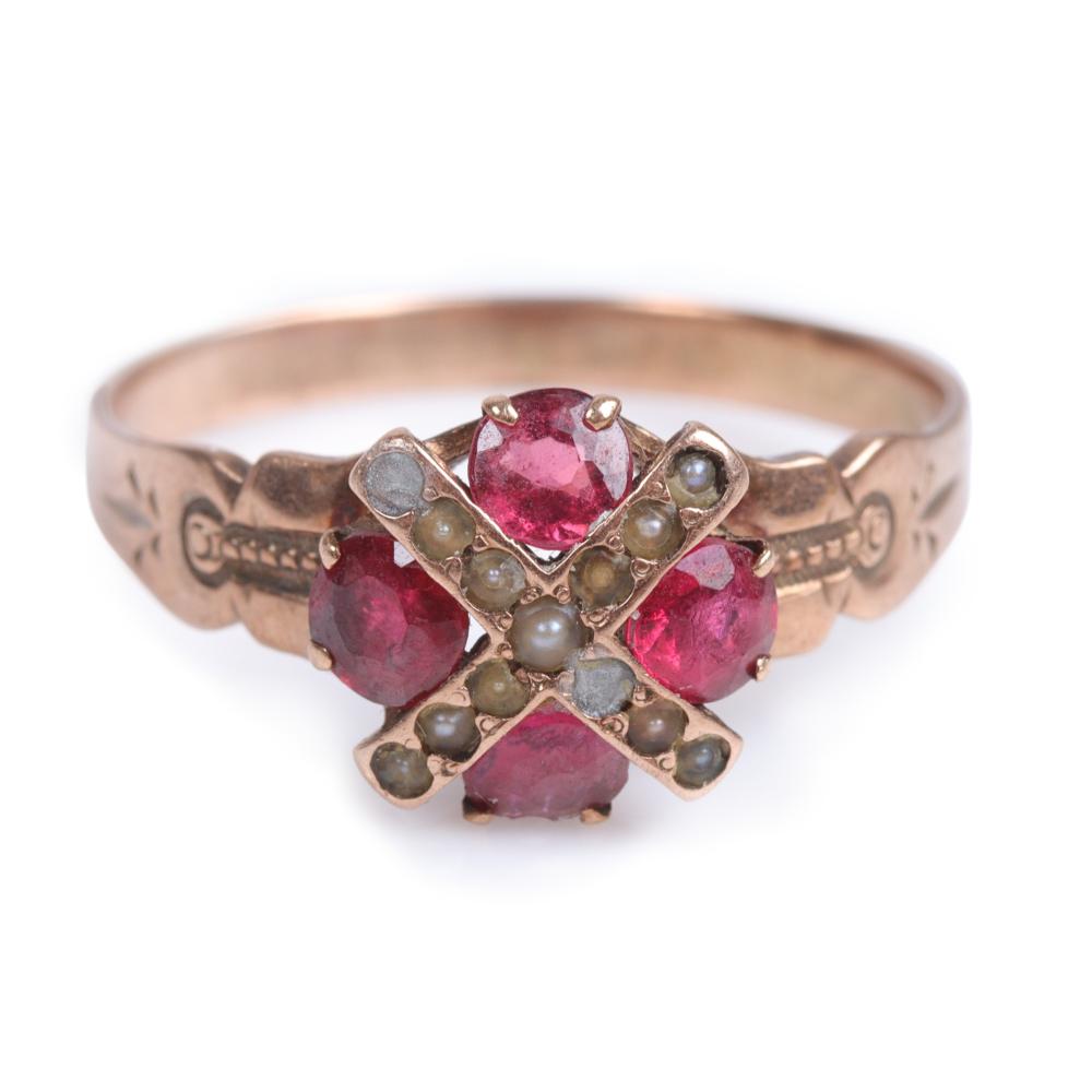 Appraisal: Antique Victorian K rose gold garnet ring with seed pearl