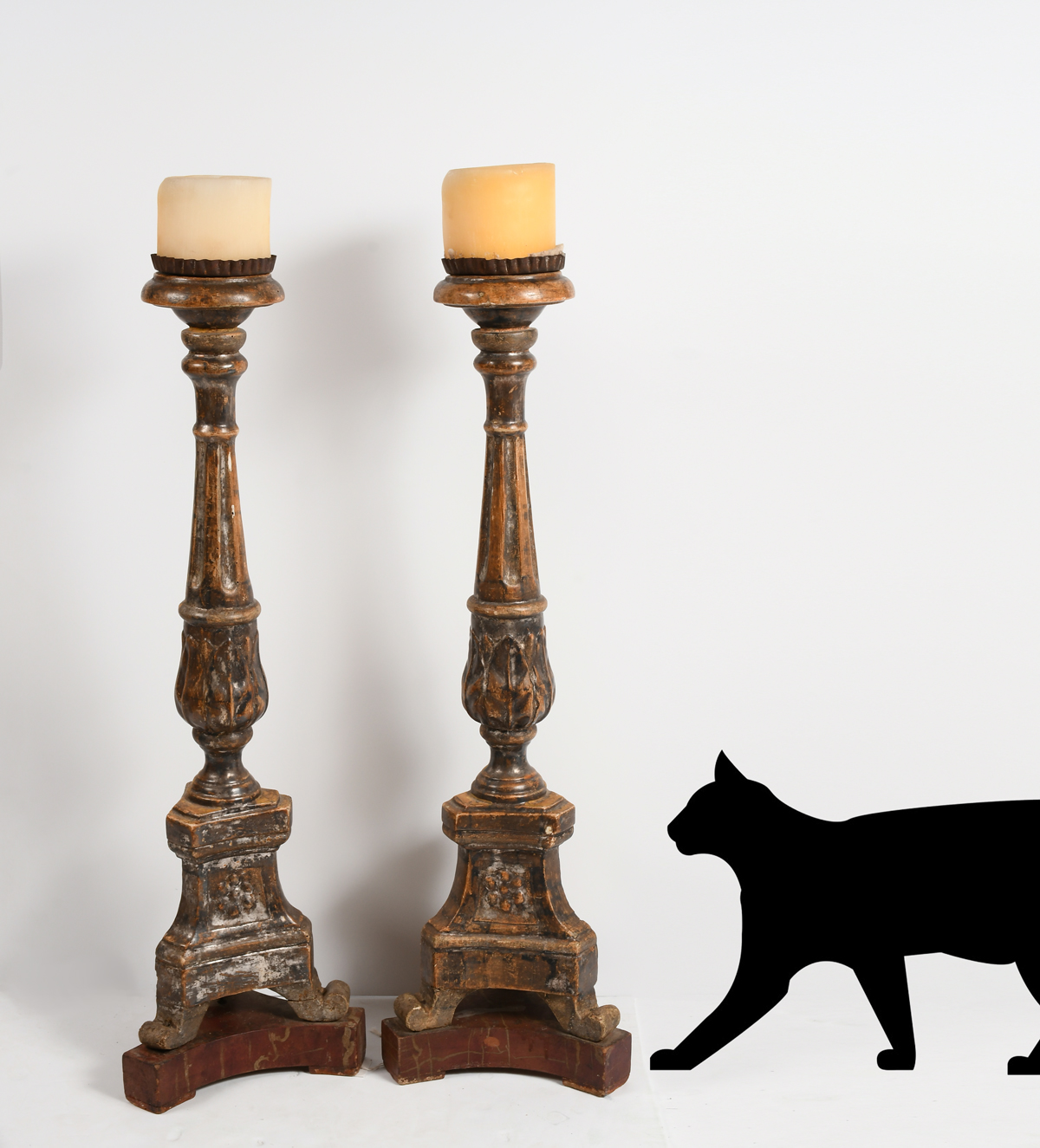 Appraisal: EARLY CARVED SPANISH COLONIAL CANDLESTICKS Early Spanish Polychromed Candle Pricks