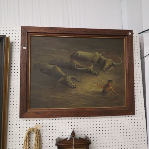 Appraisal: Oil Painting of Boy Leading Water Buffaloout of water image