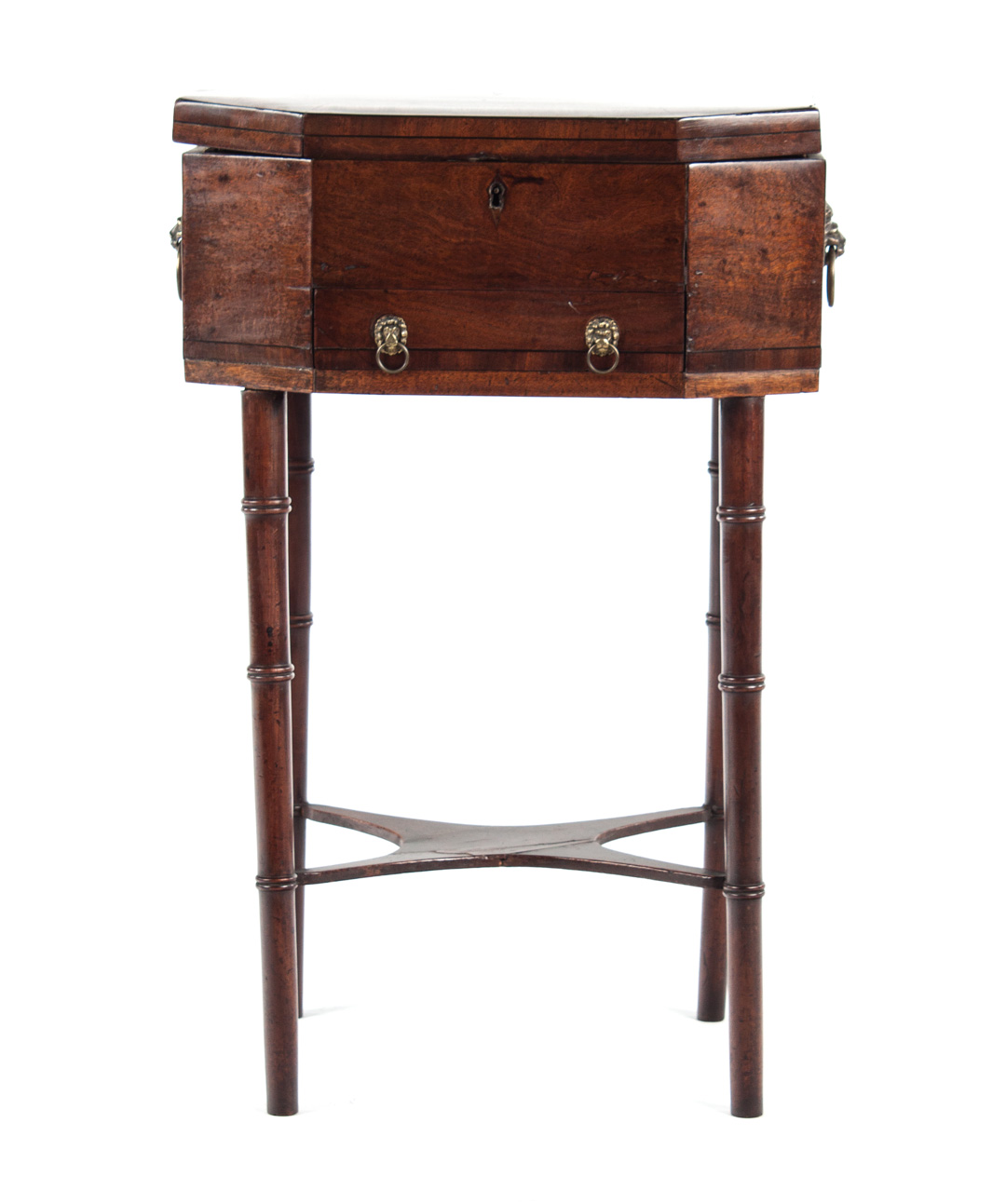 Appraisal: Regency mahogany sewing stand circa octagonal form upholstered interior with