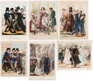 Appraisal: SIX COLOR LITHOGRAPHS DEPICTING TYPICAL RUSSIAN CHARACTERS AND SCENES OF