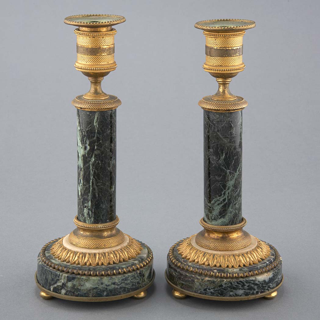 Appraisal: Pair of French Gilt-Bronze and Marble Candlesticks th Century Each