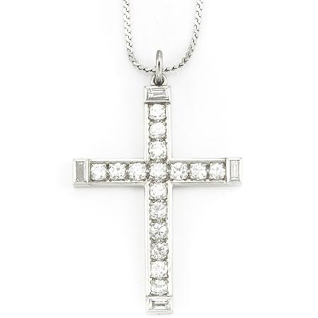 Appraisal: Platinum and Diamond Cross Pendant with White Gold Chain Estimate