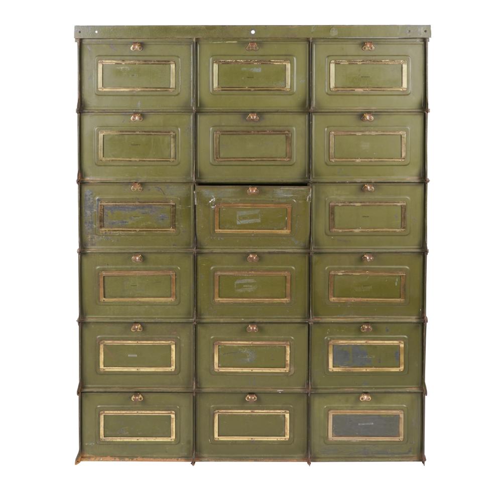 Appraisal: GERMAN GREEN-PAINTED METAL MAIL CABINETwith faded paper label verso fitted