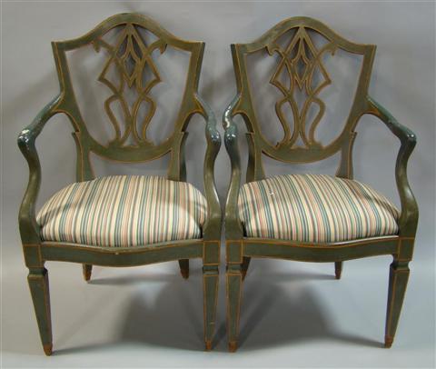 Appraisal: PAIR OF HEPPLEWHITE STYLE PAINTED ARMCHAIRS th century the sheild