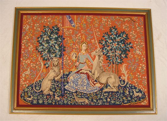 Appraisal: UNICORN AND LADY NEEDLEPOINT After the famed Unicorn Tapestries ''