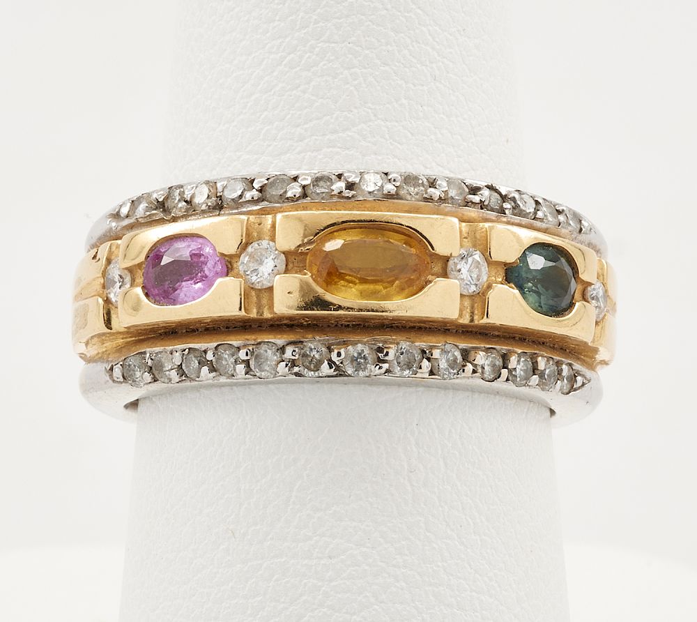 Appraisal: k Two tone gold ring with diamonds three colored sapphires