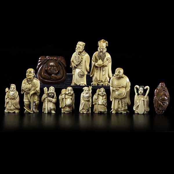 Appraisal: Japanese Ivory Figures Plus Japanese Ten carved and inked ivory