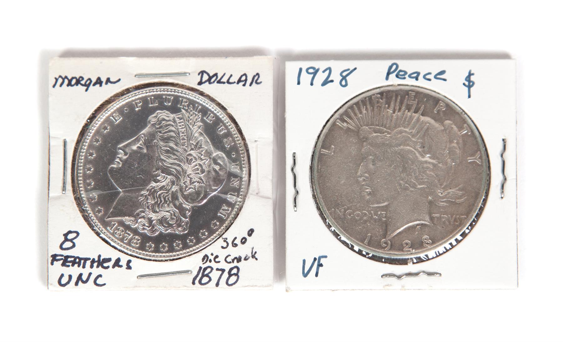 Appraisal: TWO MORGAN SILVER DOLLARS eight feathers and a Peace