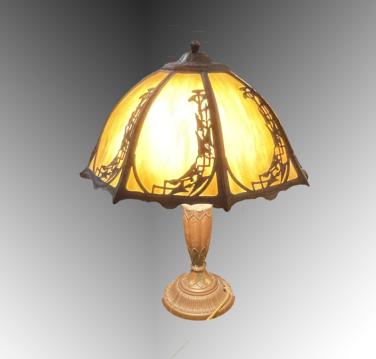 Appraisal: RAINAUD SLAG GLASS BENT PANEL TABLE LAMP Painted two light