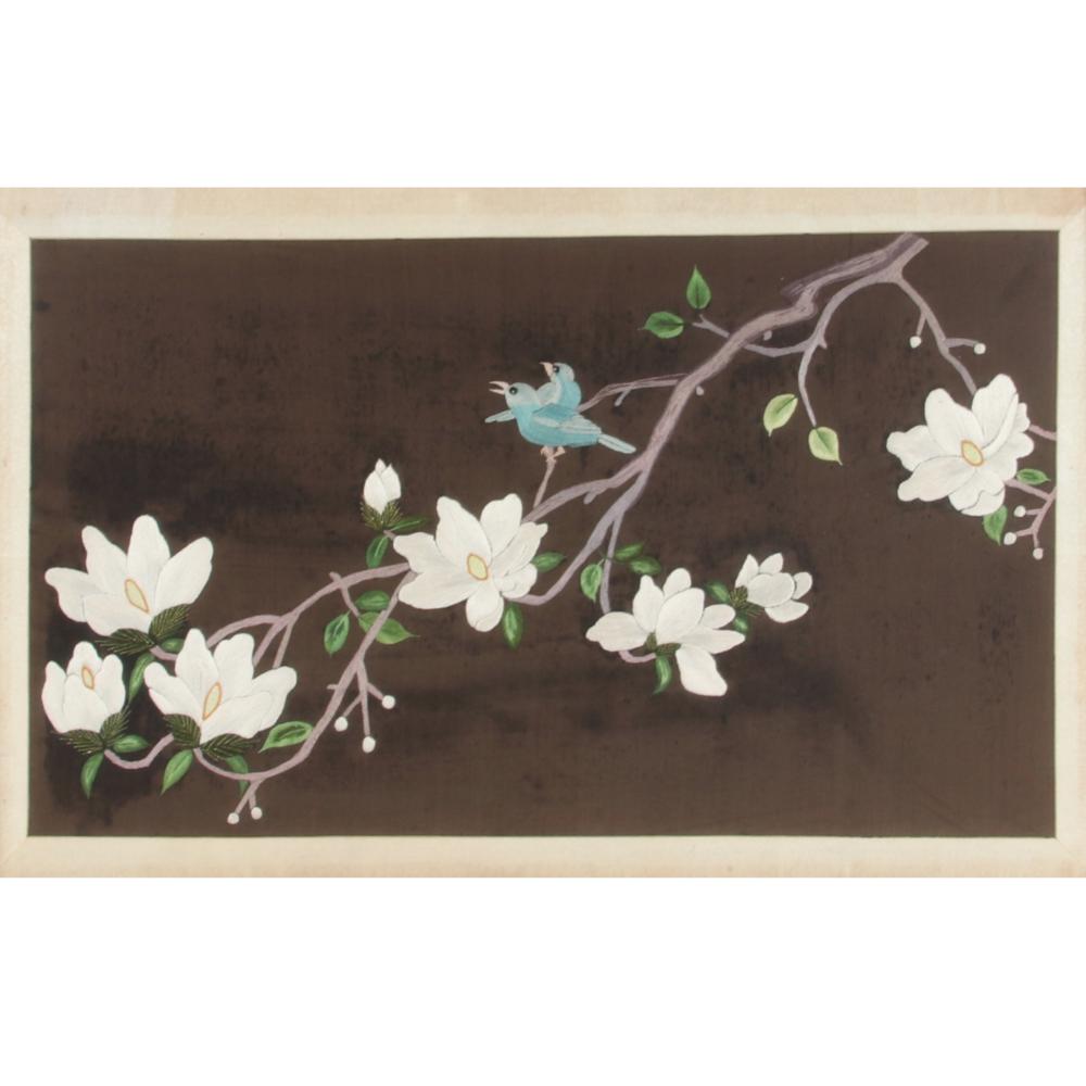 Appraisal: KOREAN FRAMED FLORAL NEEDLEWORK TEXTILE PANEL WITH BLUE BIRD AND