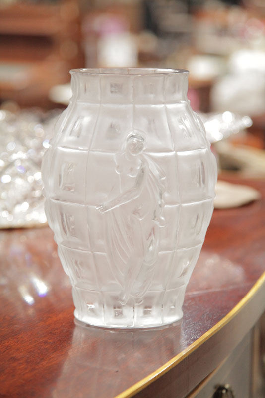 Appraisal: LALIQUE VASE Checkered body having caped nudes on either side