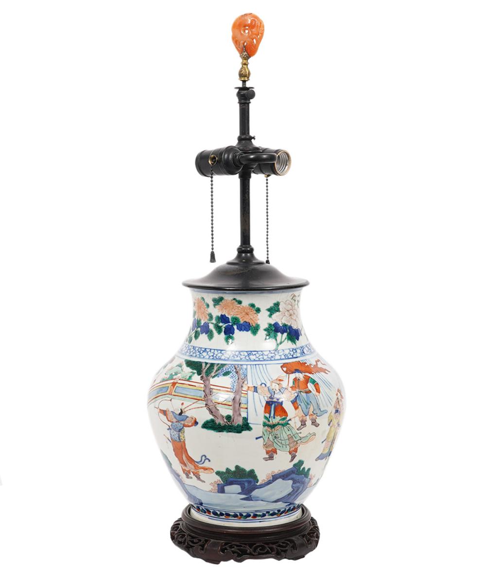 Appraisal: CHINESE PORCELAIN TABLE LAMP W WOOD BASEChinese porcelain table lamp