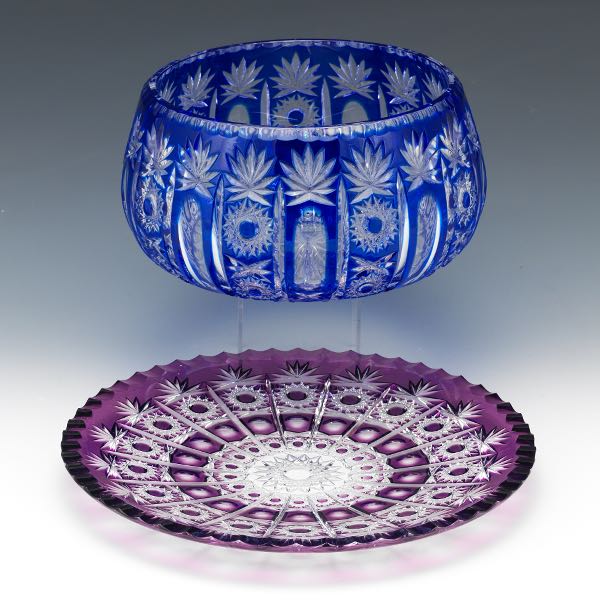 Appraisal: Cobalt Blue Crystal Glass Bowl and Aubergine Crystal Glass Under