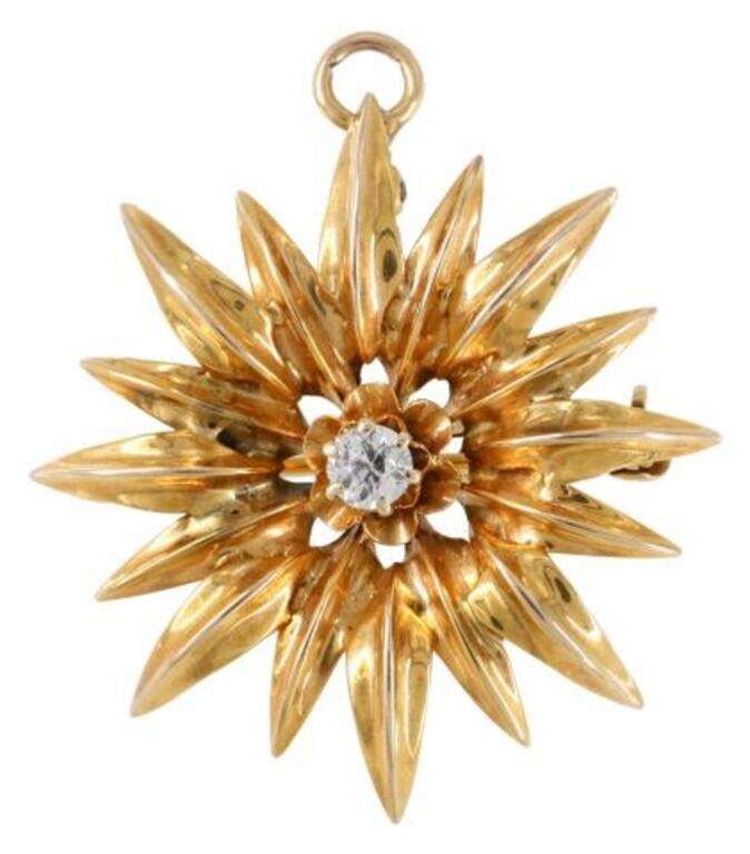 Appraisal: Estate kt yellow gold pendant brooch flower with central diamond