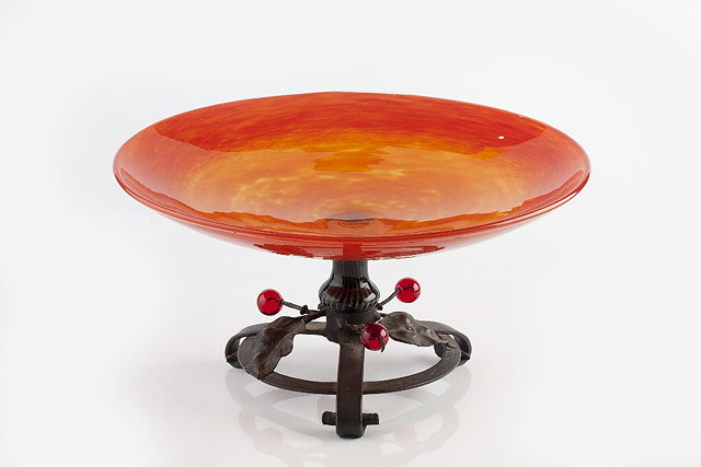 Appraisal: Charles Schneider of FrancePedestal bowl circa - mottled orange glass