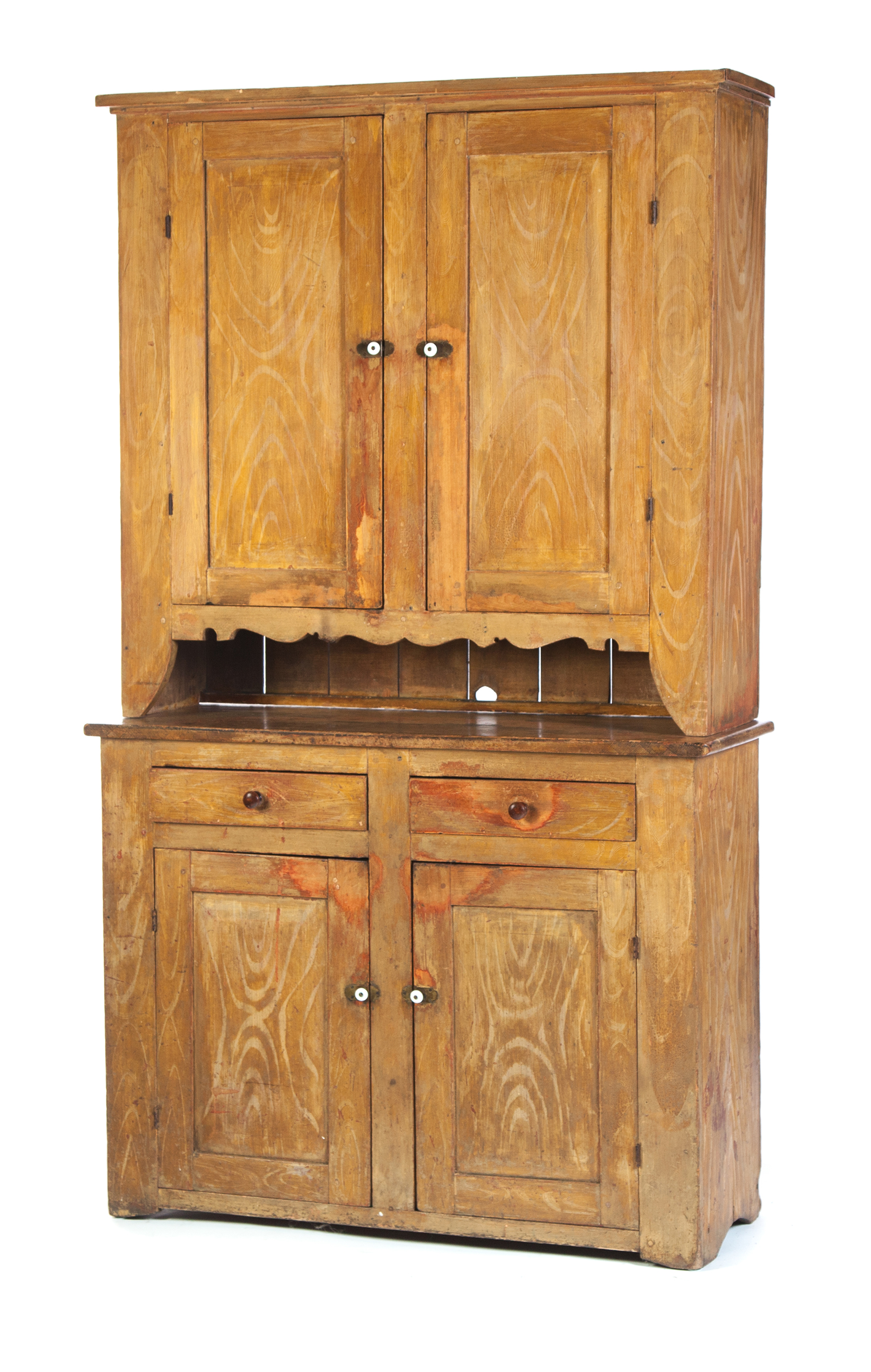 Appraisal: AMERICAN DECORATED STEPBACK CUPBOARD Ca - pine Two-piece cupboard with