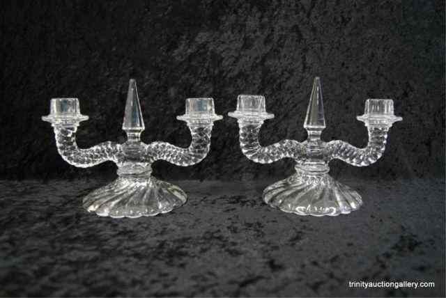 Appraisal: Pair Fostoria ''Colony'' Glass Double Candle SticksProduced 's- 's by