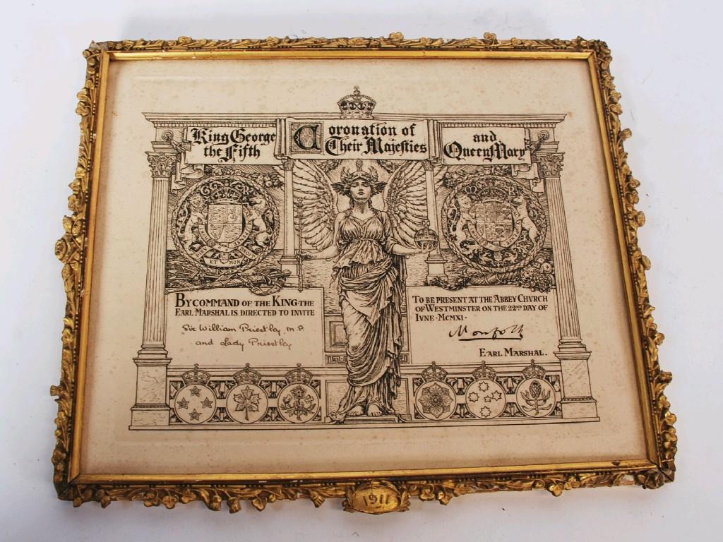 Appraisal: FRAMED CORONATION INVITATION TO SIR WILLIAM AND LADY PRIESTLEY to