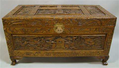 Appraisal: CHINESE EXPORT CAMPHORWOOD TRUNK Of rectangular form carved with landscape