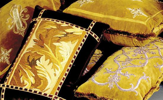 Appraisal: Six decorative throw pillows velvet needlepoint and crewelwork two Sq