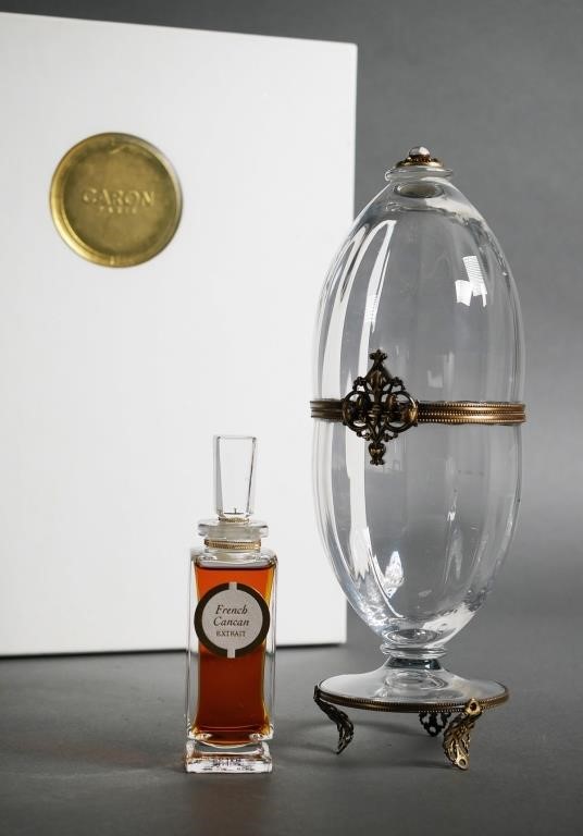 Appraisal: French Cancan Crystal Egg with brass designs and small bottle