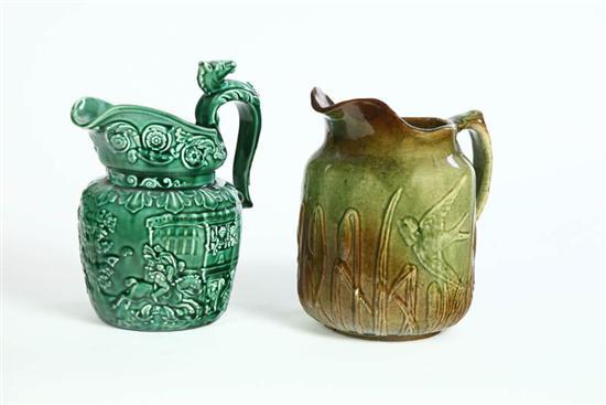 Appraisal: TWO MAJOLICA WATER PITCHERS One by Wood Son Green with