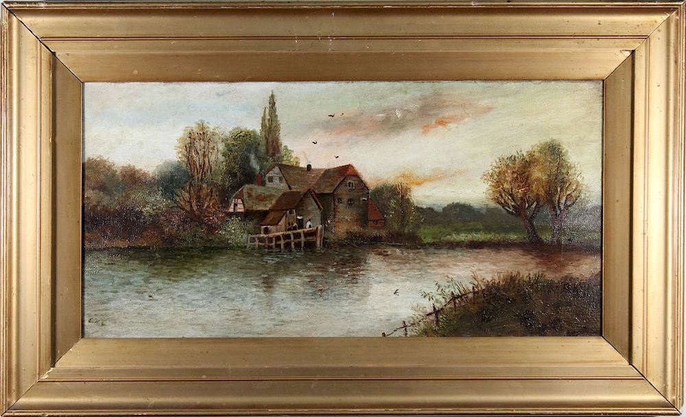 Appraisal: Signed th C Painting of a Cottage Near a Lake