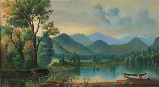 Appraisal: AMERICAN SCHOOL th th century LAKE LANDSCAPE WITH CANOE signed