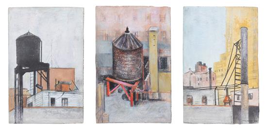 Appraisal: Sale Lot Helen Beccard American - City Rooftops triptych crayon