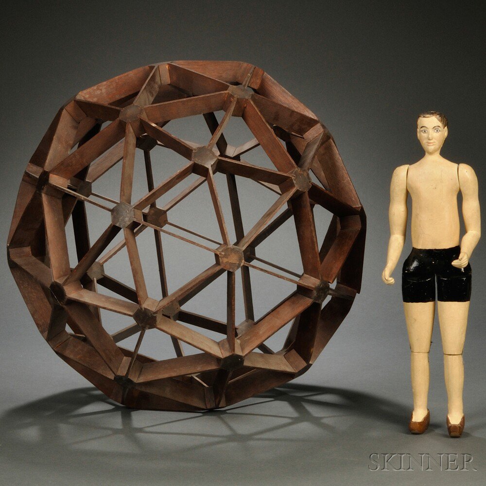 Appraisal: Mahogany Geodesic Sphere and a Carved and Painted Wooden Articulated