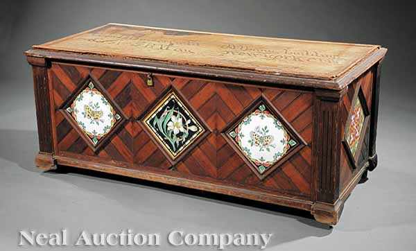 Appraisal: An Aesthetic Pine Walnut and Minton Tile Shipping Trunk late