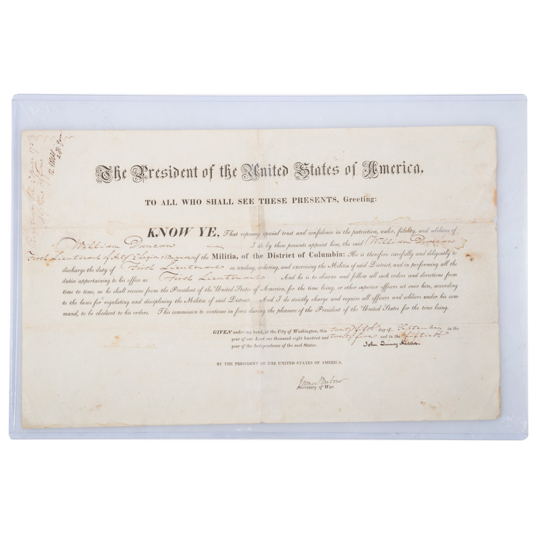 Appraisal: John Quincy Adams signed military appointment promoting William Duncan First