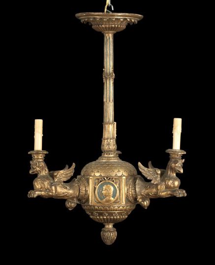 Appraisal: Empire-Style Carved Giltwood and Polychromed Three-Light Chandelier early th century