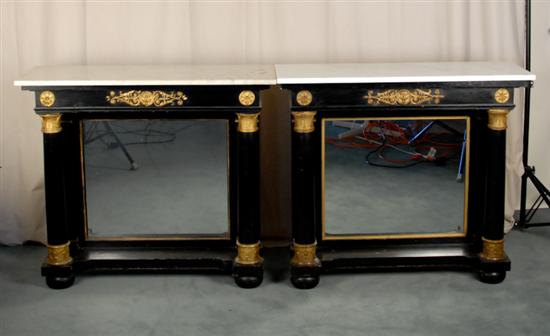 Appraisal: A Pair of Neo-classical-style Pier Tables white marble tops ebonized