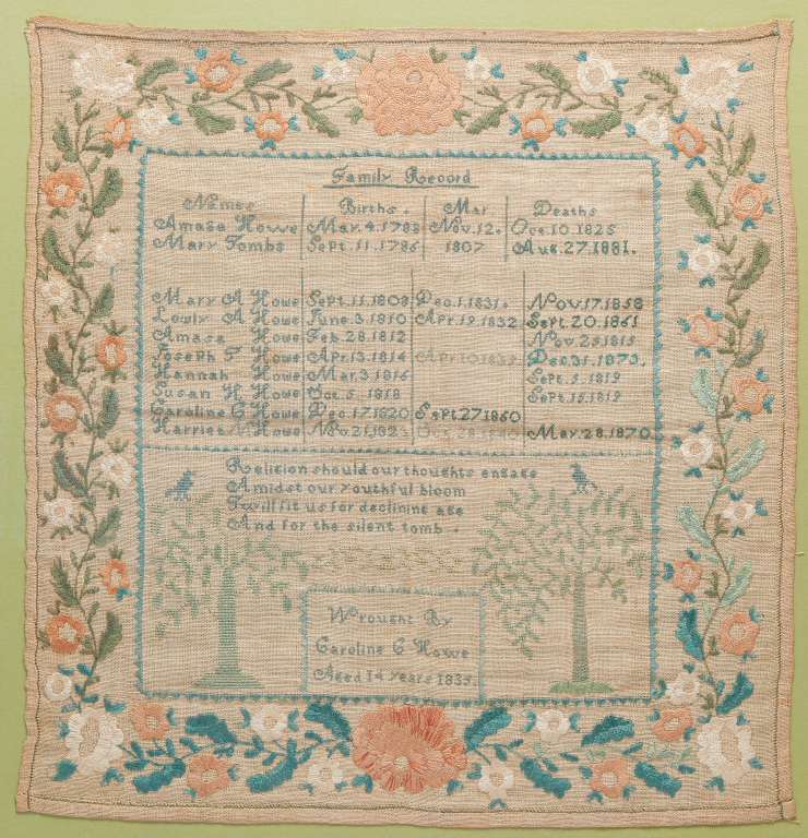 Appraisal: AMERICAN NEEDLEWORK FAMILY RECORD Silk on linen Floral border and