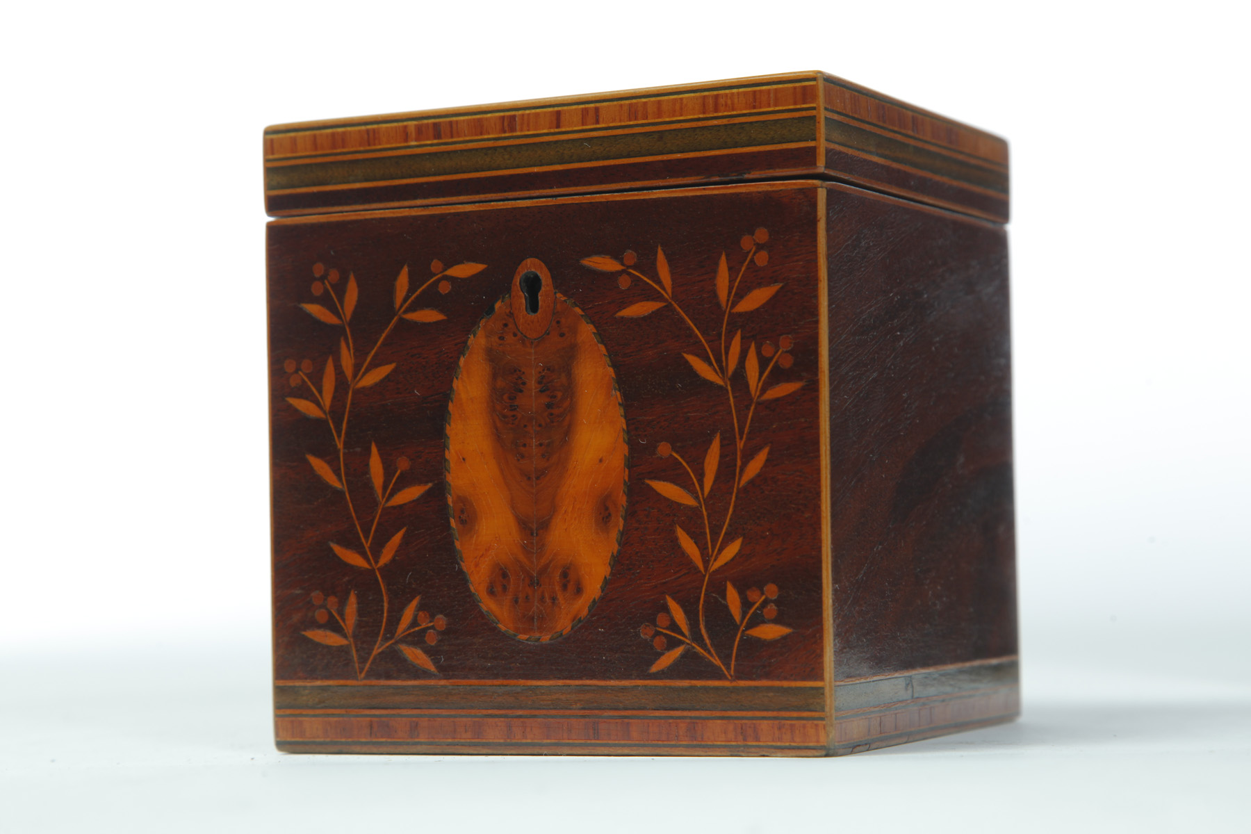 Appraisal: ENGLISH INLAID TEA CADDY Late th-early th century mahogany veneer