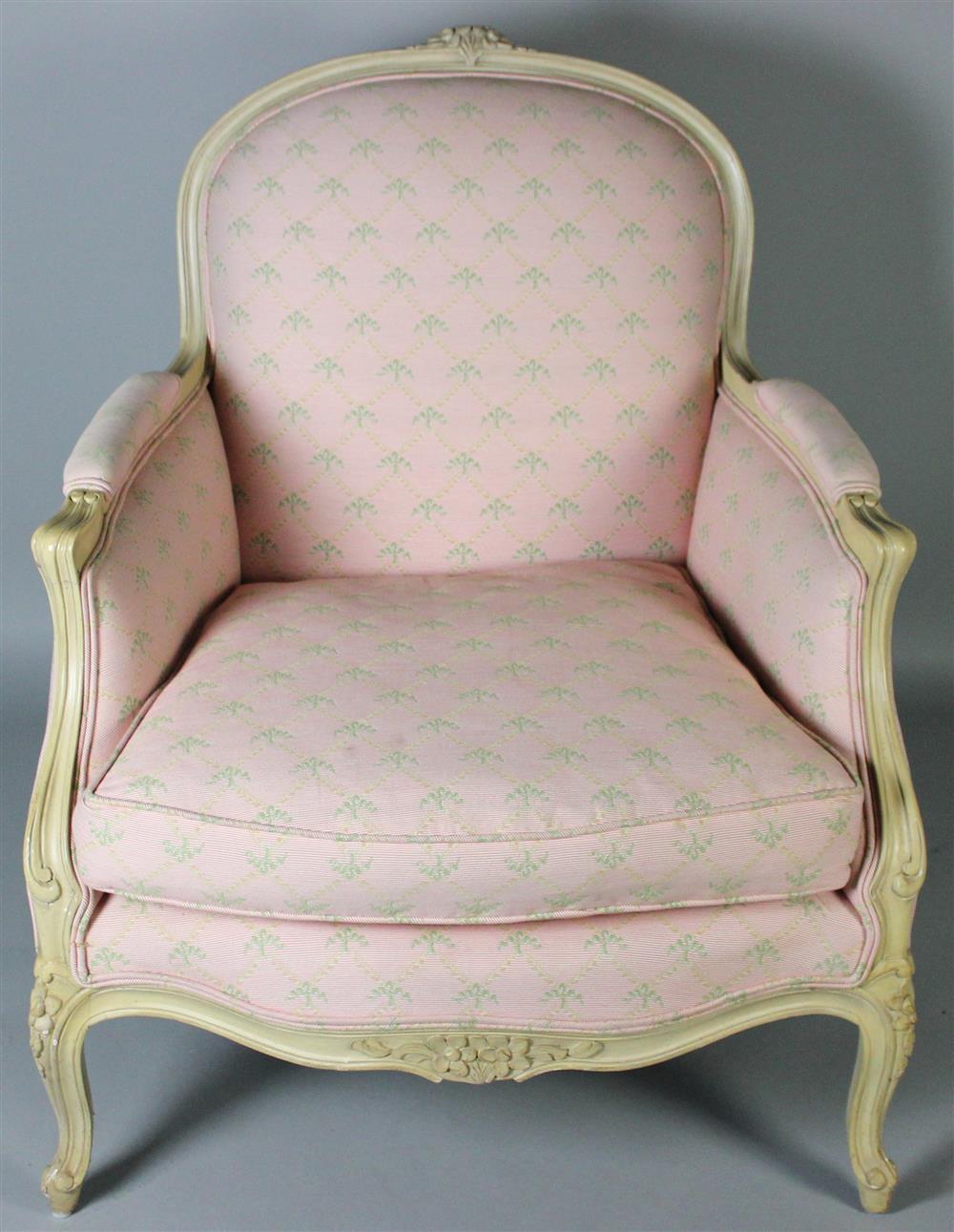 Appraisal: LOUIS J SOLOMON PAINTED BERGERE WITH BRUNSCHWIG FILS UPHOLSTERY Brunschwig