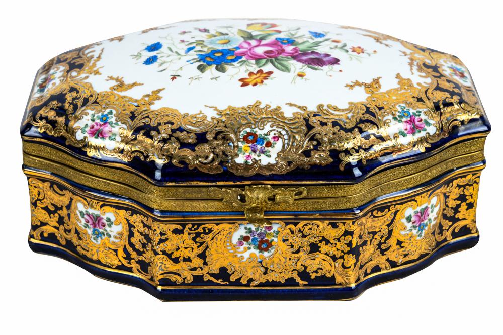 Appraisal: SEVRES-STYLE COBALT-GROUND GILT POLYCHROMED PORCELAIN BOXSevres-style interlaced L mark to