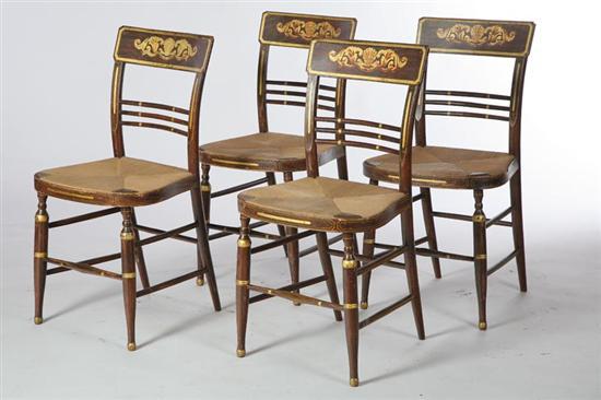 Appraisal: FOUR DECORATED CHAIRS American mid th century softwood Original grain