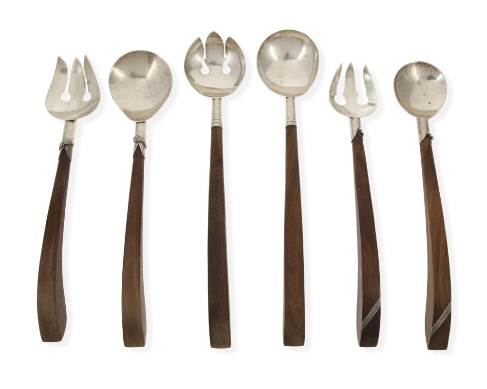 Appraisal: Three sterling silver and rosewood salad serving sets Mid- th