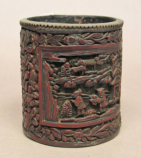 Appraisal: A small cinnabar lacquer brush pot Bearing a Qianlong mark