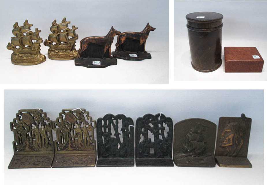 Appraisal: ASSORTED BOOKENDS AND WOOD BOXES pairs and single bookends mostly