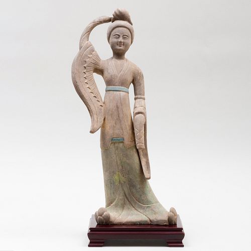 Appraisal: LATE TANG STYLE GREY POTTERY FIGURE OF LADY DANCERWith wood