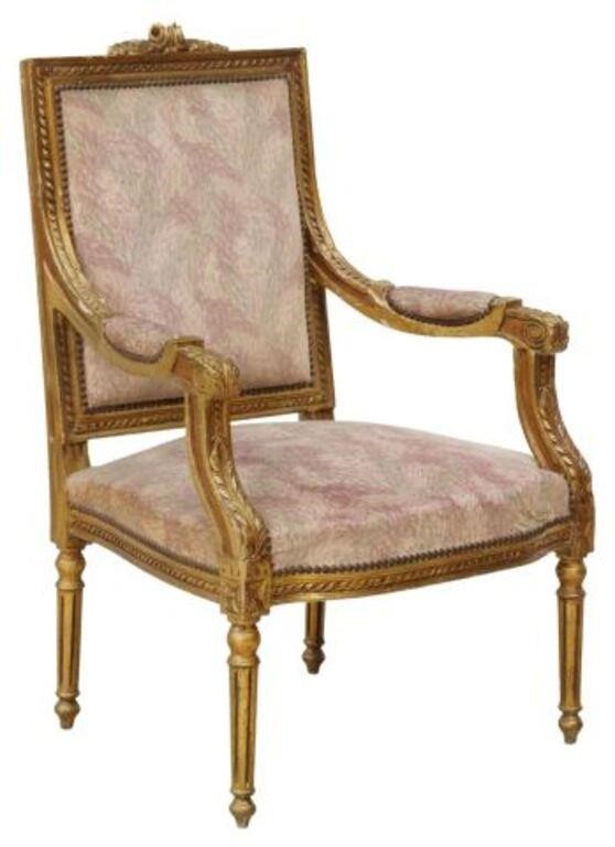 Appraisal: French Louis XVI style armchair early th c giltwood frame